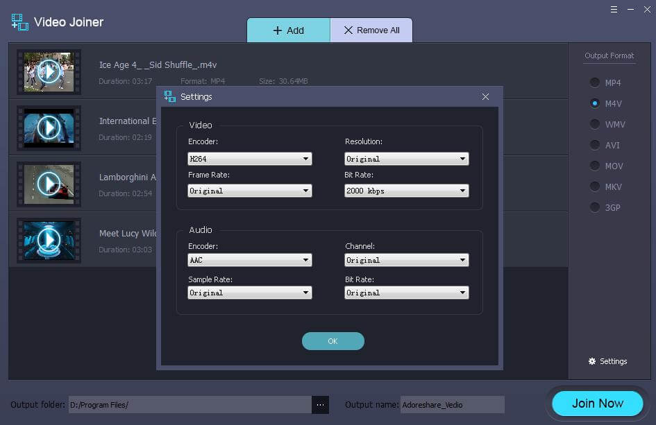 specify video output settings before joining together