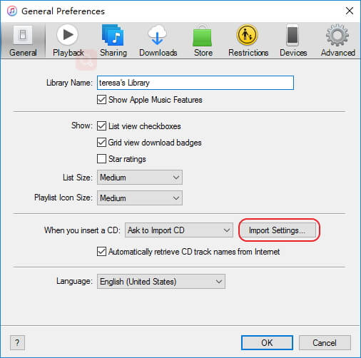 import settings in itunes