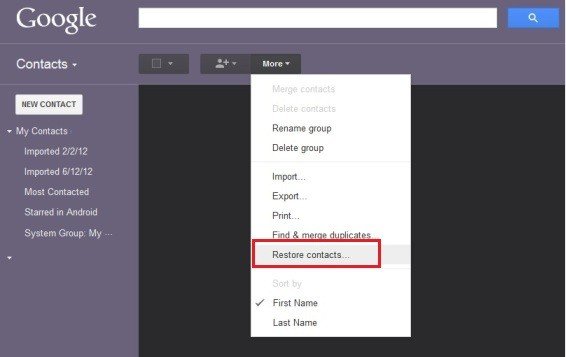 restore contacts from gmail