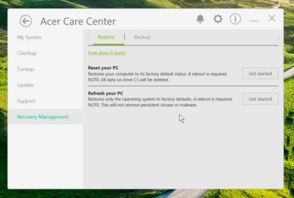 open acer care center on windows 10