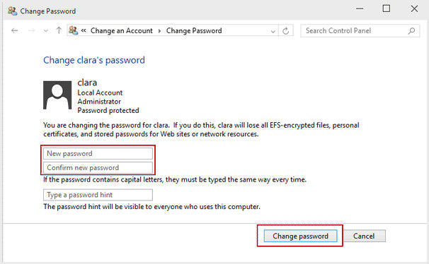 change password in control panel