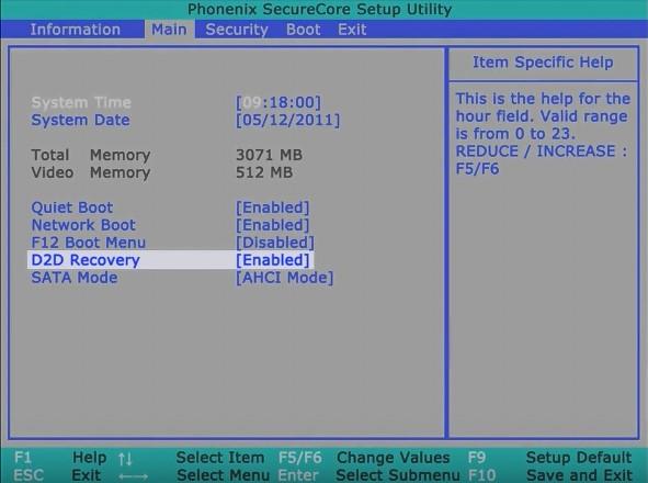 enable d2d recovery in acer bios