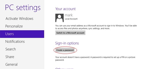 password protect windows 8