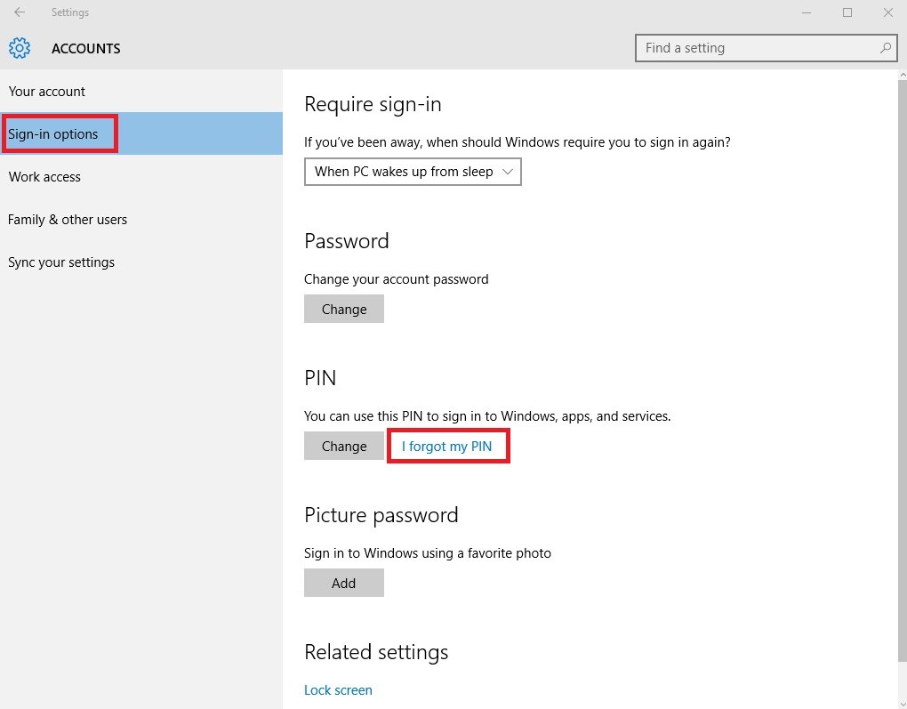 account settings in win 10