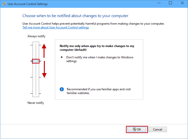 change user account control settings in windows 10