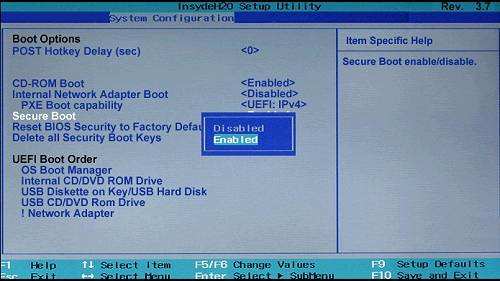 disable secure boot on startup