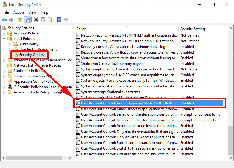 enable uac admin approval mode for built in administrator