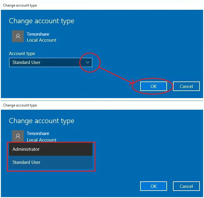 Windows 10 change account type in settings