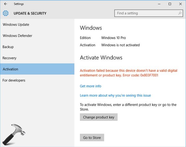 fix activation error code in windows 10