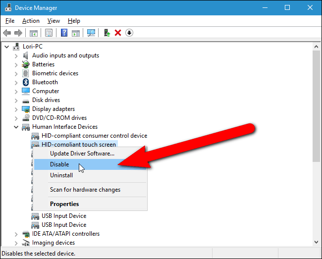 disable hid complaint touchscreen