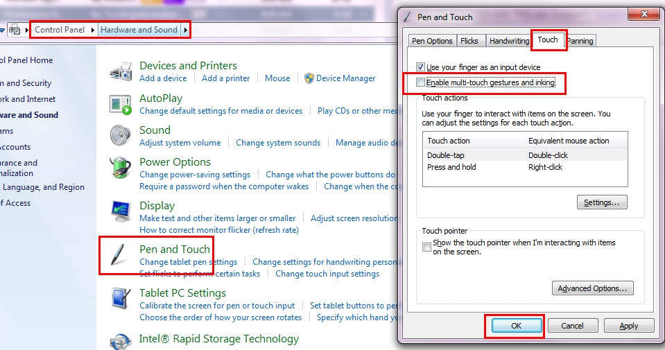 disable multitouch gestures and inking