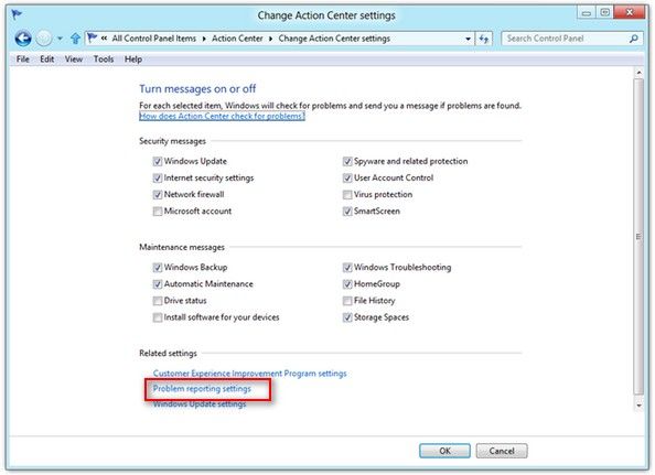 disable error reporting in windows 8