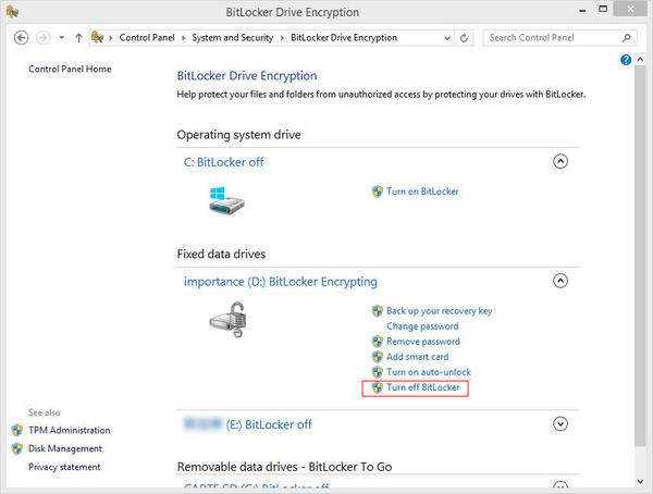 disable BitLocker from control panel