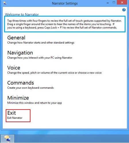 close narrator on windows 8