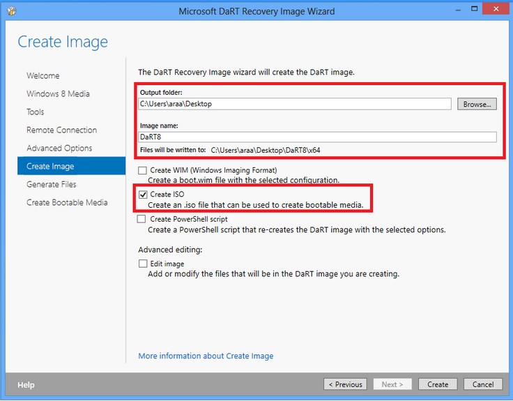 create windows 8 recovery image using DaRT