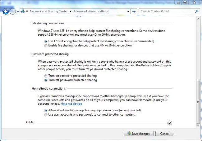 turn off password for sharing windows 7