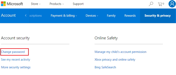 change microsoft account password