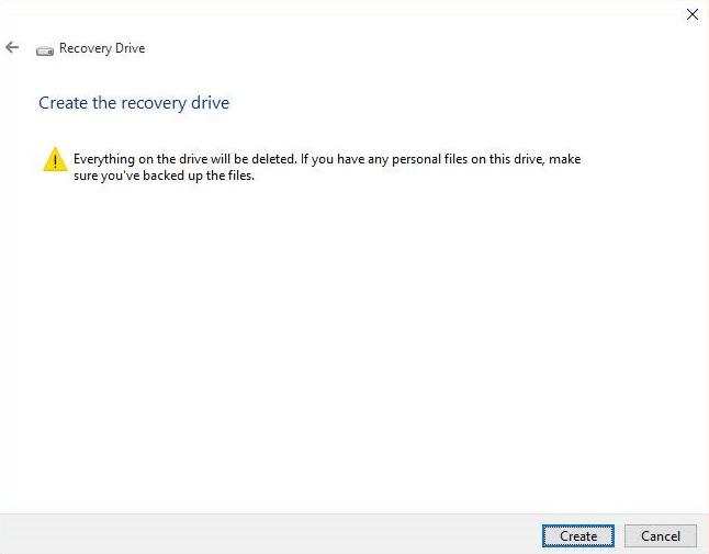 confirm and start to create a recovery drive