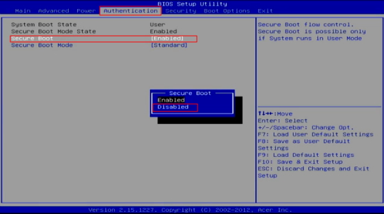 disable secure boot in acer computer