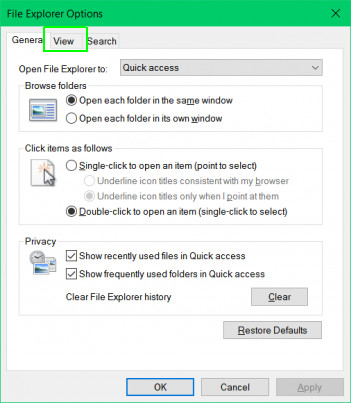 File Explorer options to open view