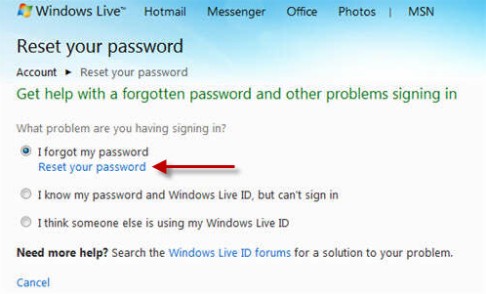 reset forgotten windows live id password