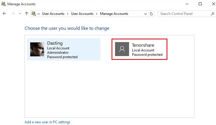 Windows 10 manage account