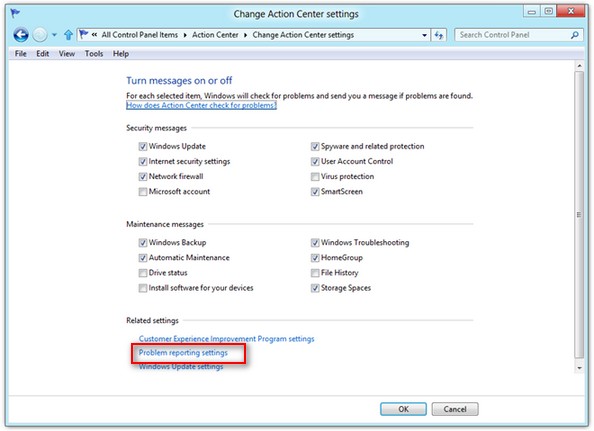 disable error reporting in windows 8