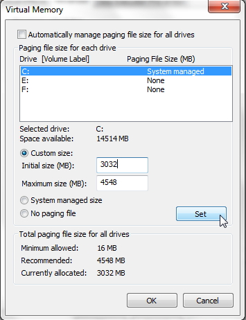 custom size of page file