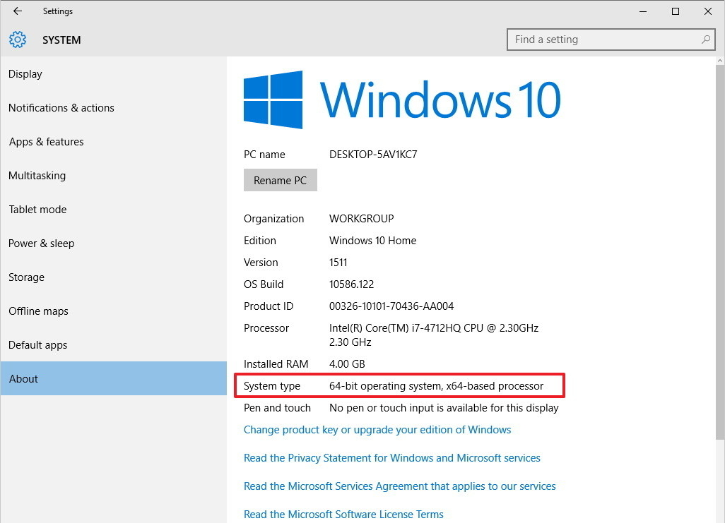 windows 10 64 bit settings