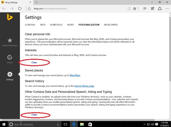 clear Cortana data from Bing