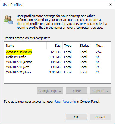list of user account profiles in windows 10