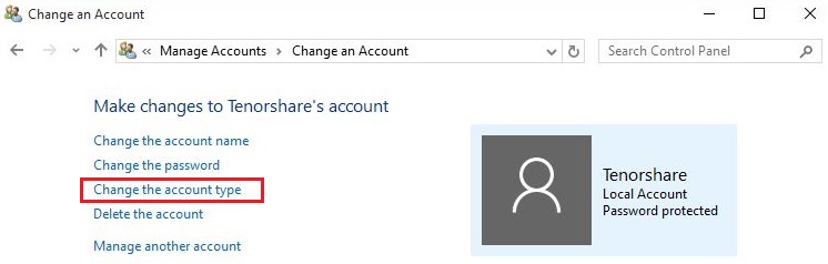 Windows 10 change an account