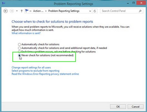 how to disable error reporting in windows 8