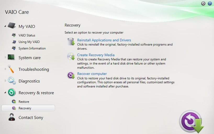 Sony Vaio restore point