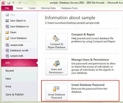 remove password from access database