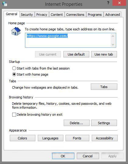 how to open internet options for internet explorer in windows 8