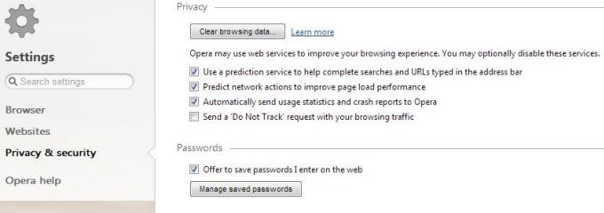 how to delete saved passwords in opera