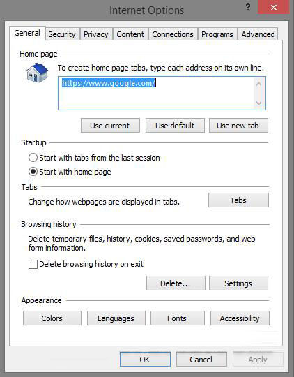 launch internet options for internet explorer in windows 8