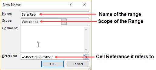 createing named ranges in excel define name