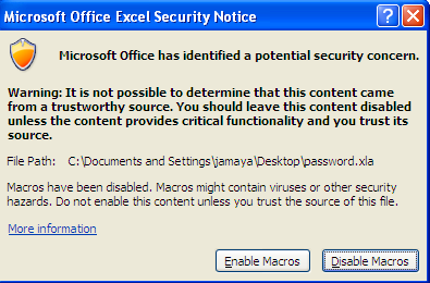 Microsoft Office Excel Security Notice