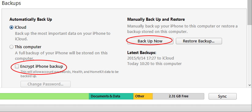 back up iphone in itunes