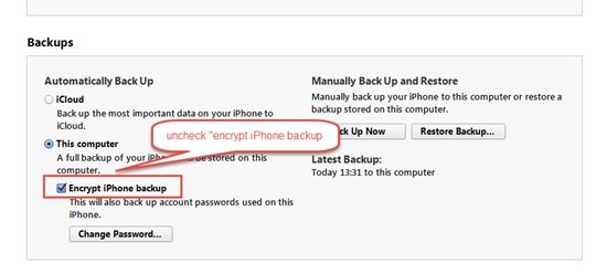 how to turn off iTunes backup encryption