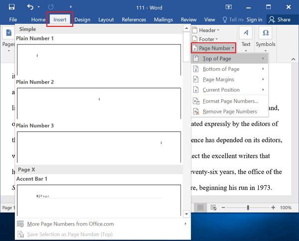 add page numbers in word