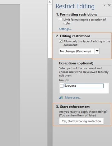 how to lock parts of document in word 2016