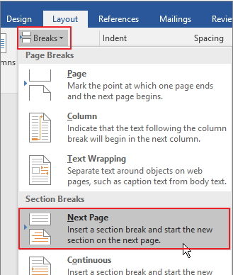 start page numbering later in word 2016