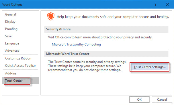 trust center settings