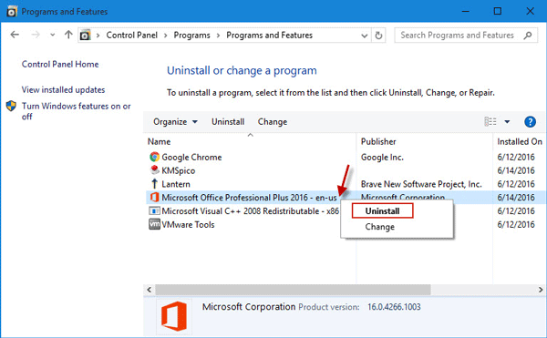 uninstall Office 2016