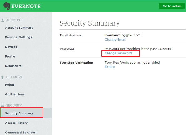 reset evernote password