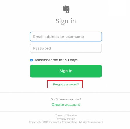 reset forgotten evernote password