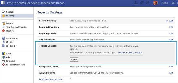 set facebook trusted contacts